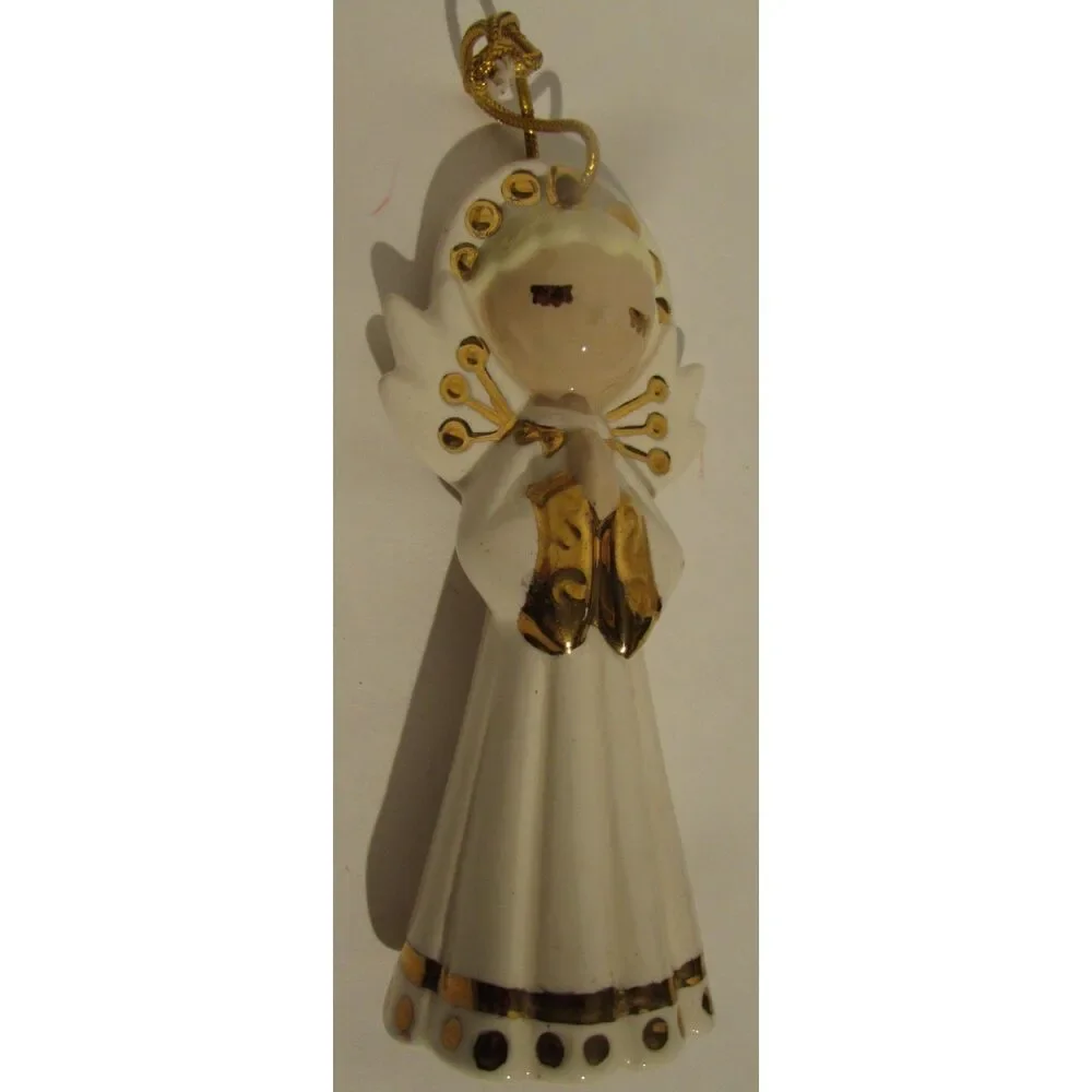 Vintage Angel Ornament White and Gold ceramic praying blonde